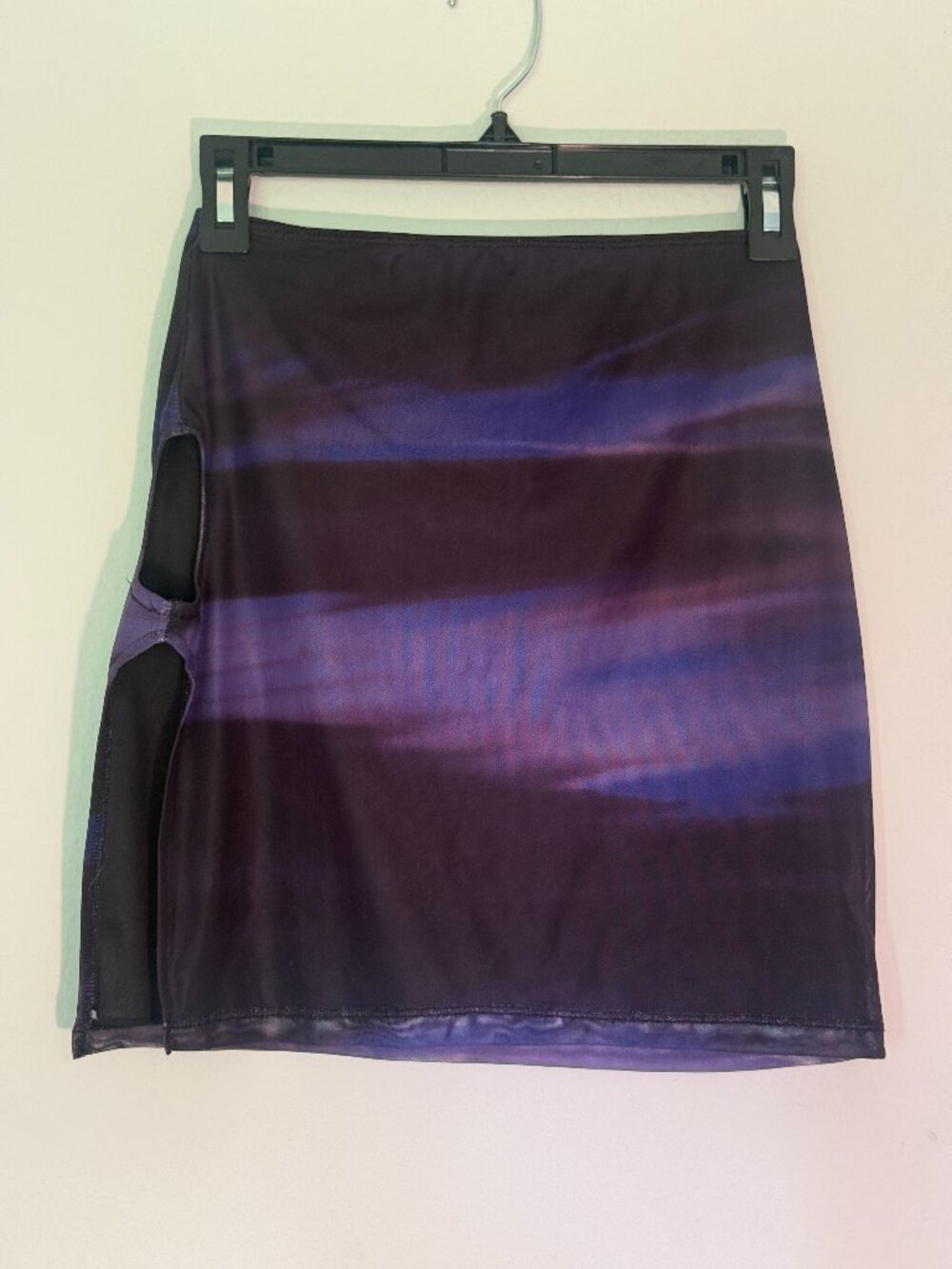 Motel 6 Mini Skirt Side Cut Out Purple Black Dreamy Pattern